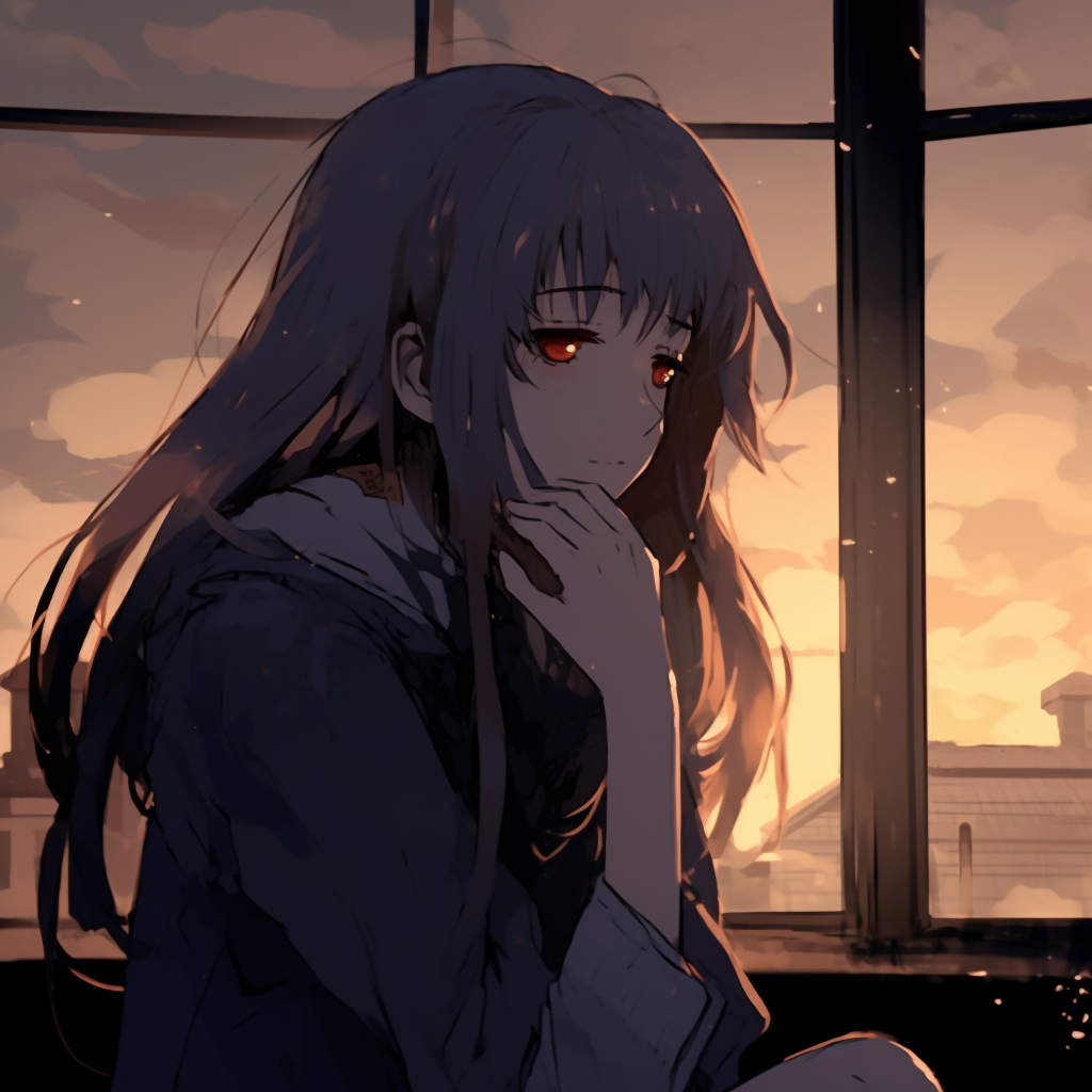 A portrait of an anime girl in gloomy surroundings, starkly realistic art style highlighting the desolation. depressed anime girl pfp wallpaper pfp for discord.