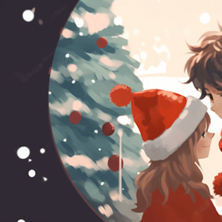 Two young characters interacting, vivid colors and playful atmosphere. essential matching christmas pfp for discord pfp for discord.