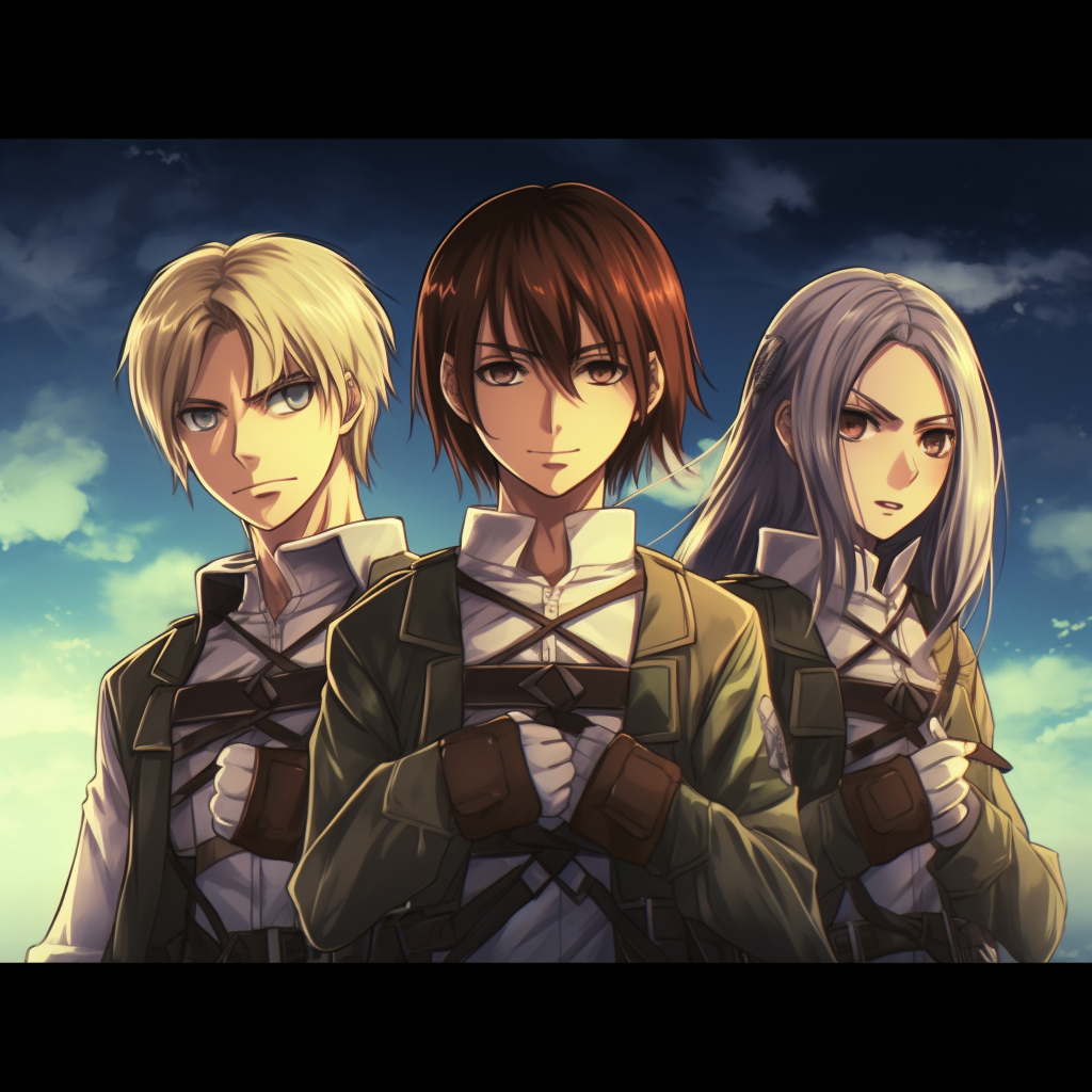 Mikasa, Eren, and Armin in high contrast, noticeable uniform details and striking poses. anime trio matching pfp pfp for discord.