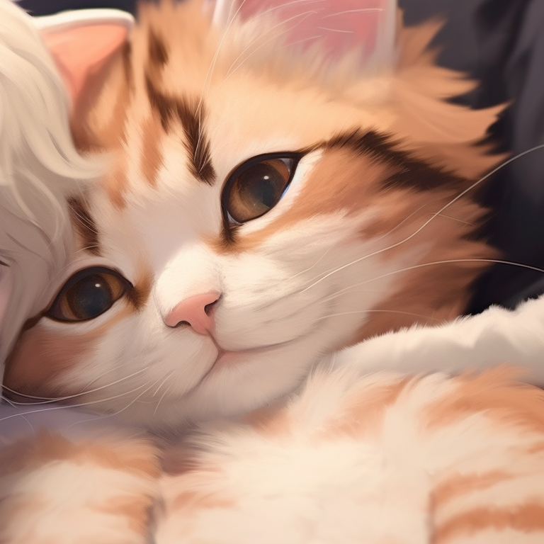 Close-up of two characters, vibrant colors and fine details, with cat pupils. adorable matching cat pfp pfp for discord.