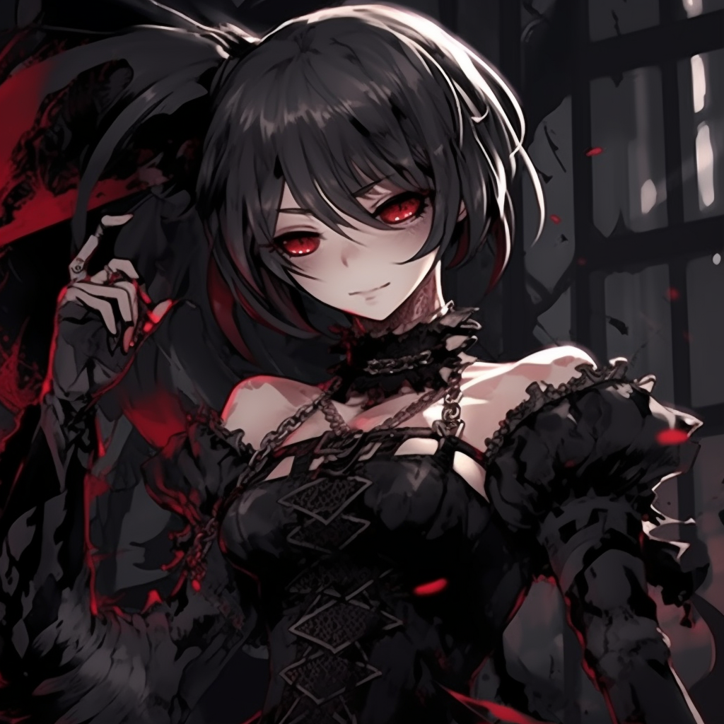 Close-up of a serious-faced, gothic anime girl accented by rich textures and deep color. majestic gothic anime girl pfp