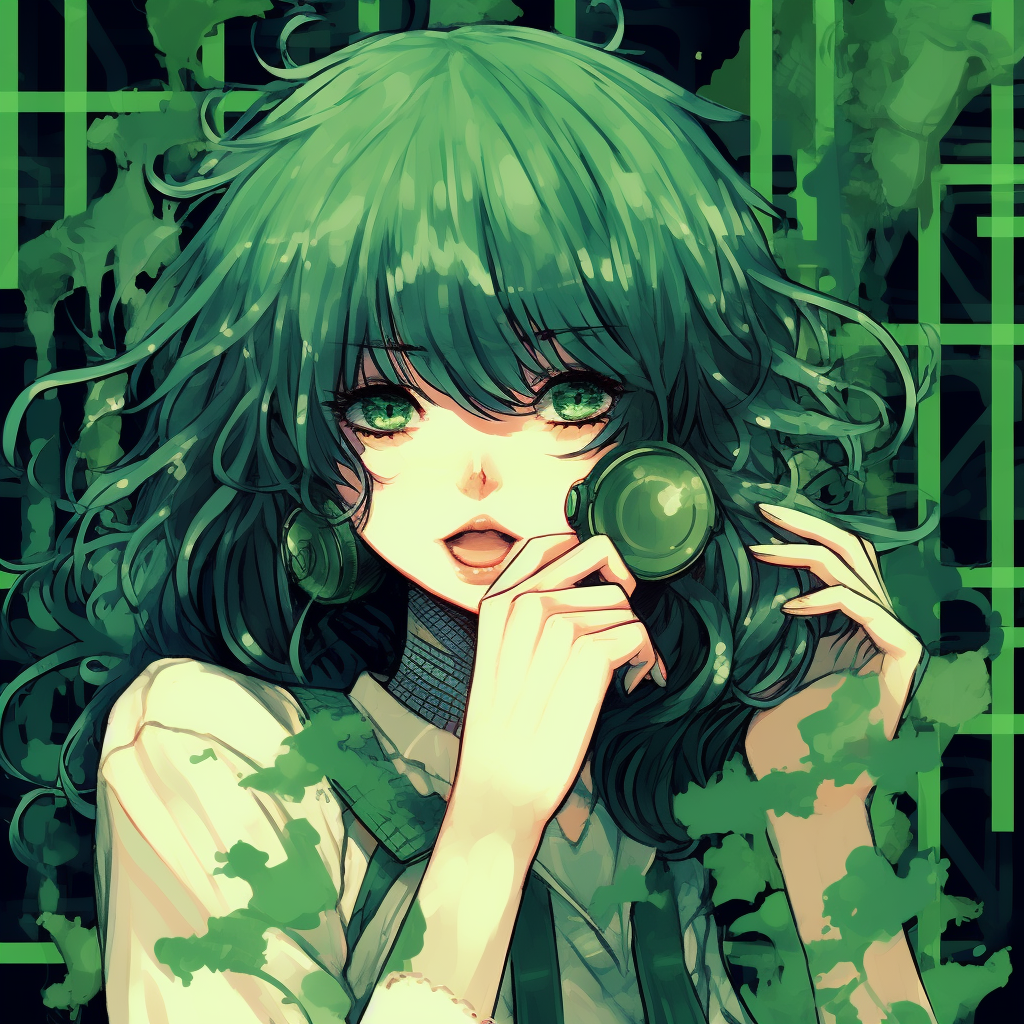 Profile of a green-haired anime girl reflecting vibrancy, iconized with prominent shading and detailed linework green anime pfp vibrant designs