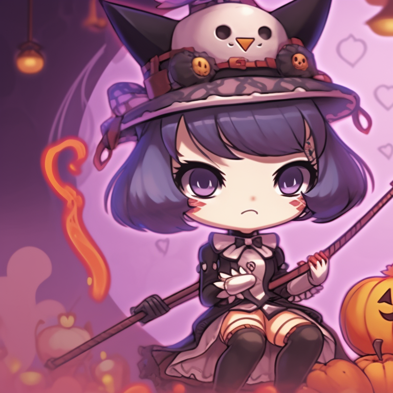 Melody with angelic costume, Kuromi in witch costume, bold characters against a spooky background. melody and kuromi matching pfp halloween theme ideas pfp for discord.