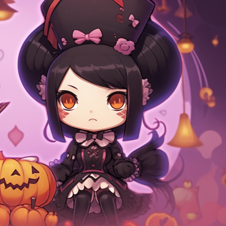 Melody with angelic costume, Kuromi in witch costume, bold characters against a spooky background. melody and kuromi matching pfp halloween theme ideas pfp for discord.