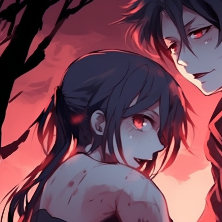 Two Characters interacting with spider webs, bright contrasting colors and sharp lines. pinterest ideas for matching couples pfp halloween theme pfp for discord.