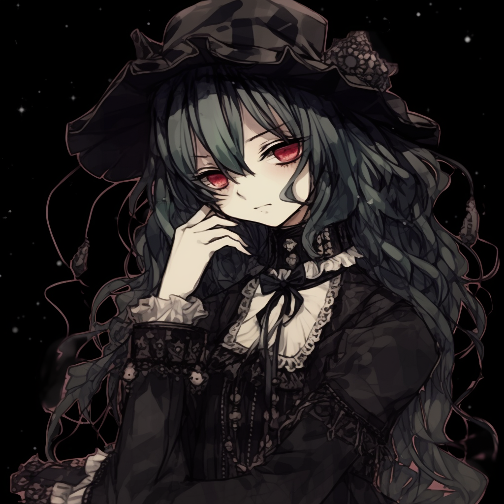 Detailed monochrome depiction of a goth lolita from Black Butler, intricate patterns and intense eyes. highlighted goth anime profile pictures