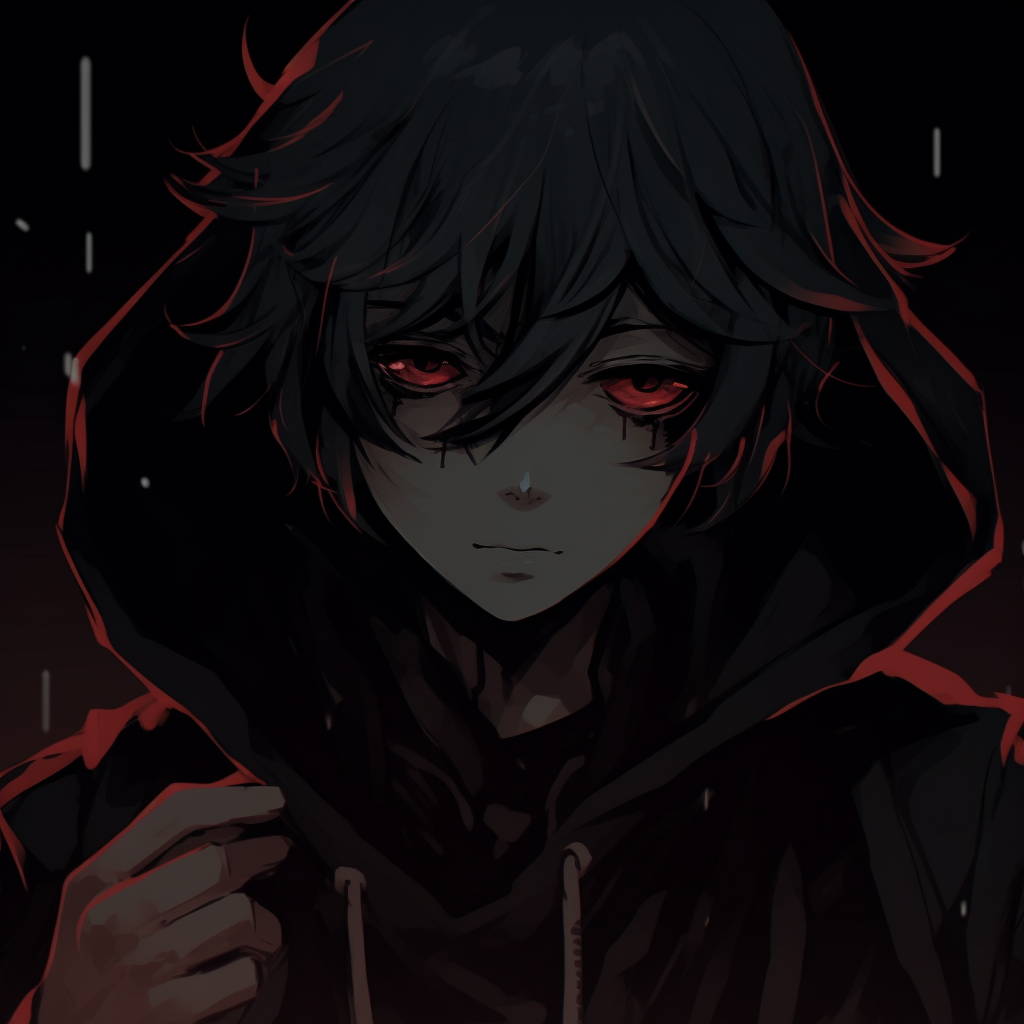 Glowing red eyes becoming the focal point in an otherwise dark-themed anime character profile. anime pfp dark with mysterious themes pfp for discord.