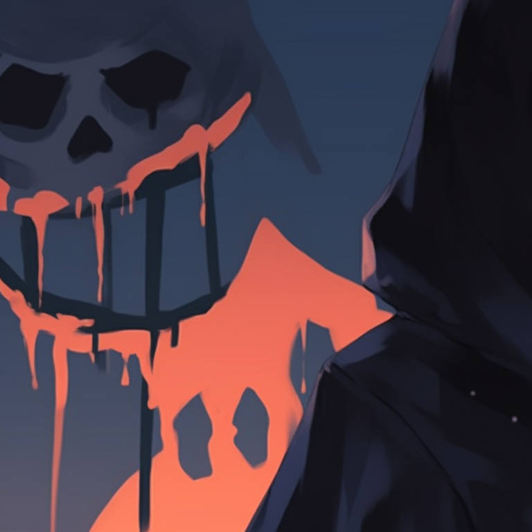 Close-up of two characters in ghoulish outfits, detailed facial features displaying desolation. sad and spooky matching halloween pfps pfp for discord.