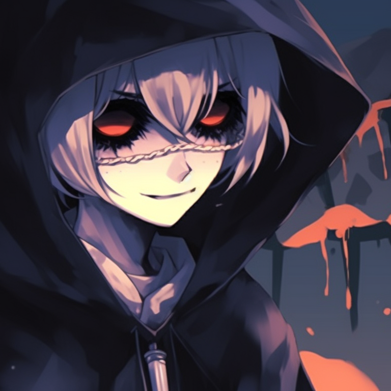 Close-up of two characters in ghoulish outfits, detailed facial features displaying desolation. sad and spooky matching halloween pfps pfp for discord.