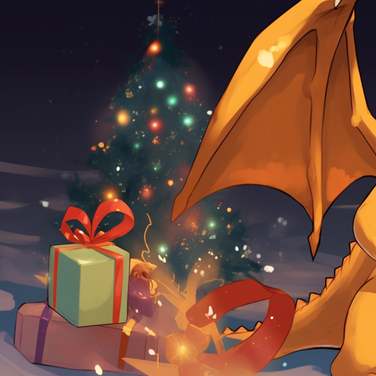 Two Charizard characters walking in the snow, flurries and frosted background. charizard christmas special pfp pfp for discord.