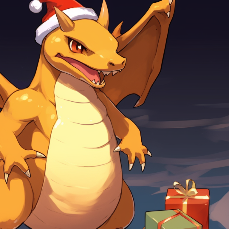 Two Charizard characters walking in the snow, flurries and frosted background. charizard christmas special pfp pfp for discord.