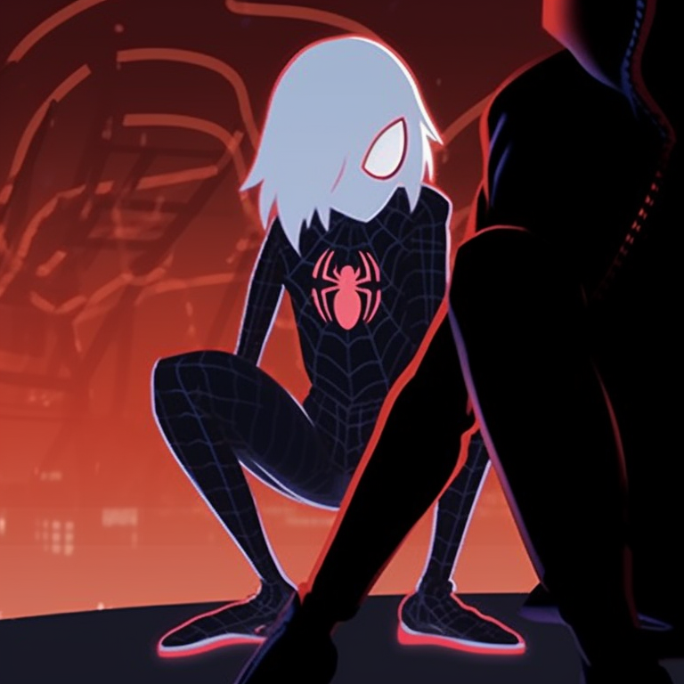 Black and white silhouette image of Gwen and Miles, focusing on their Spider-suits. spider gwen halloween pfp pfp for discord.