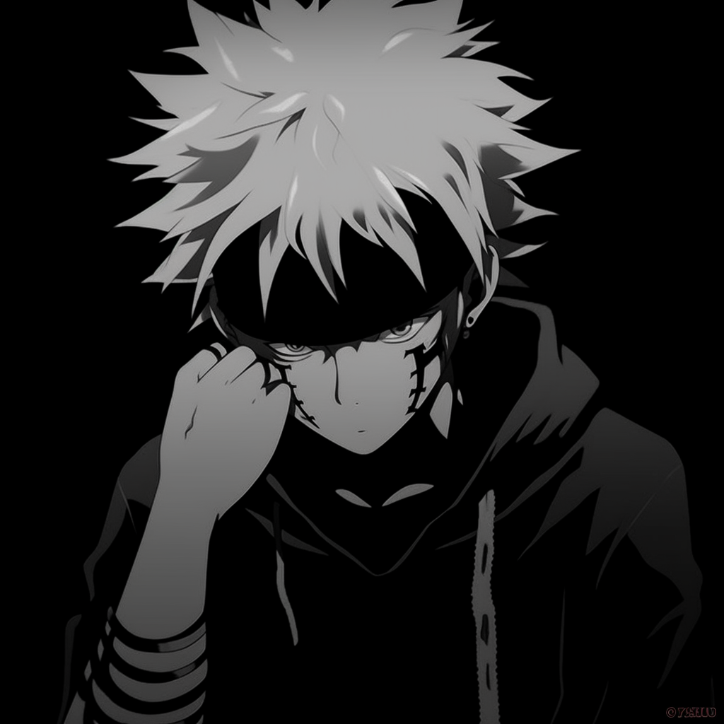 Samurai character in battle-ready stance, high contrast black and white. anime black pfp for boys pfp for discord.