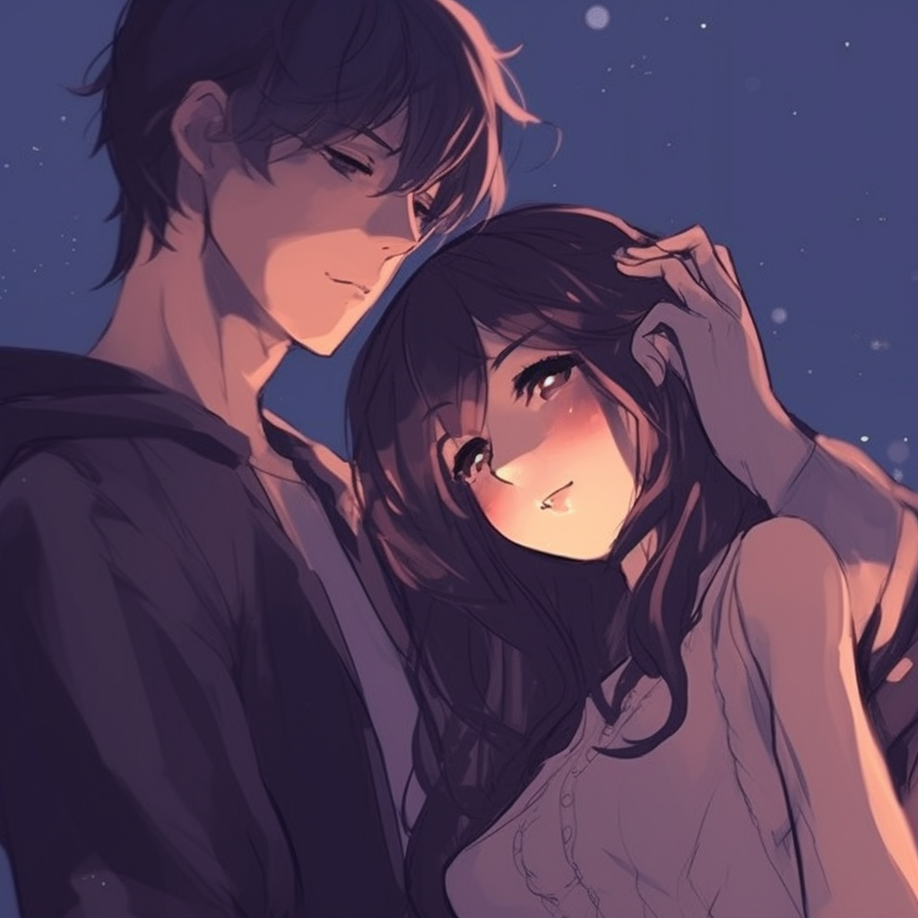 Sweet anime couple under the moonlight, detailed light reflections and darker tones. premium anime pfp couple aesthetic pfp for discord.
