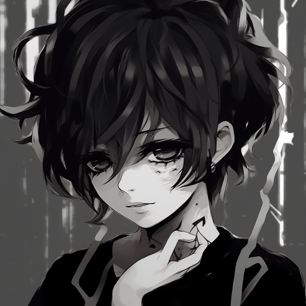 Serious anime character in high contrast black and white, emphasizing the heavily shaded eyes and detailed linework. black and white emo anime pfp