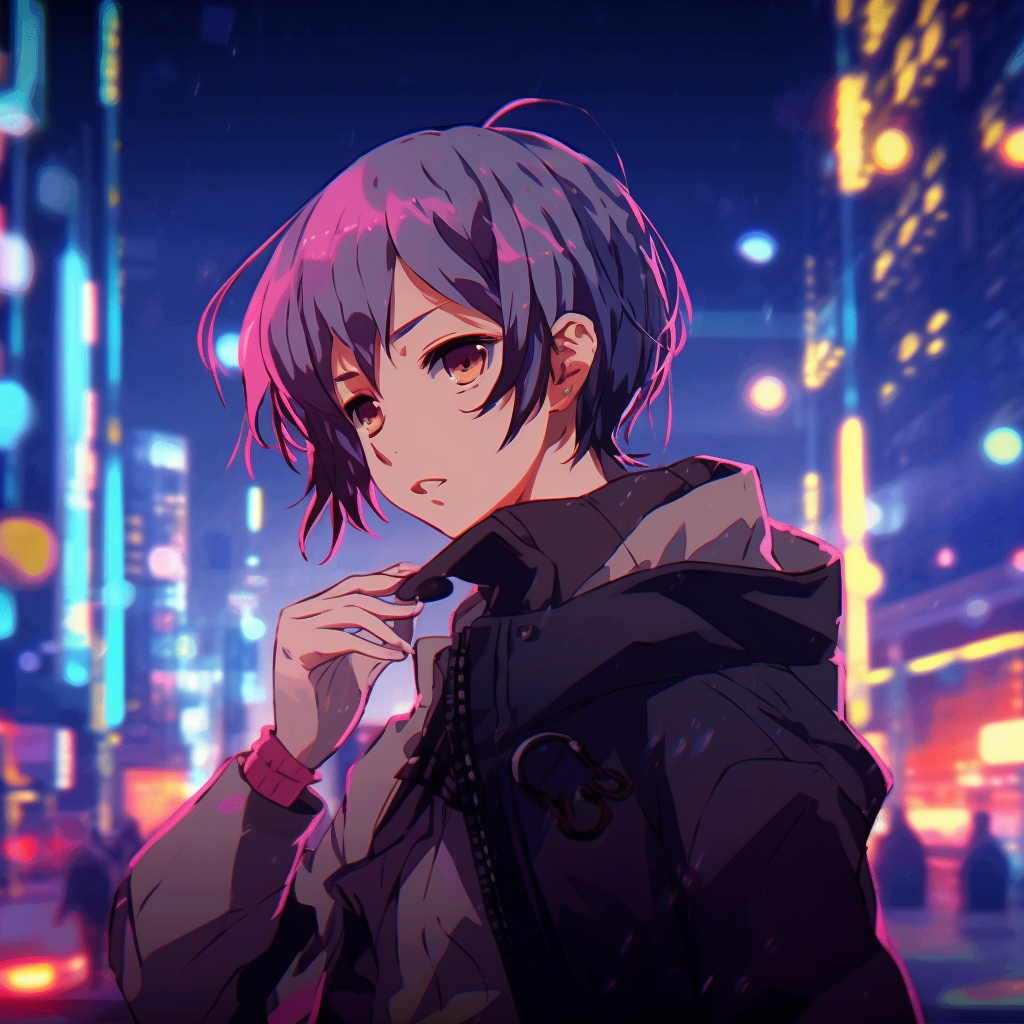 Anime character with rainy neon city background, emphasis on reflections and blue-purple hues. aesthetic anime pfp gif collection