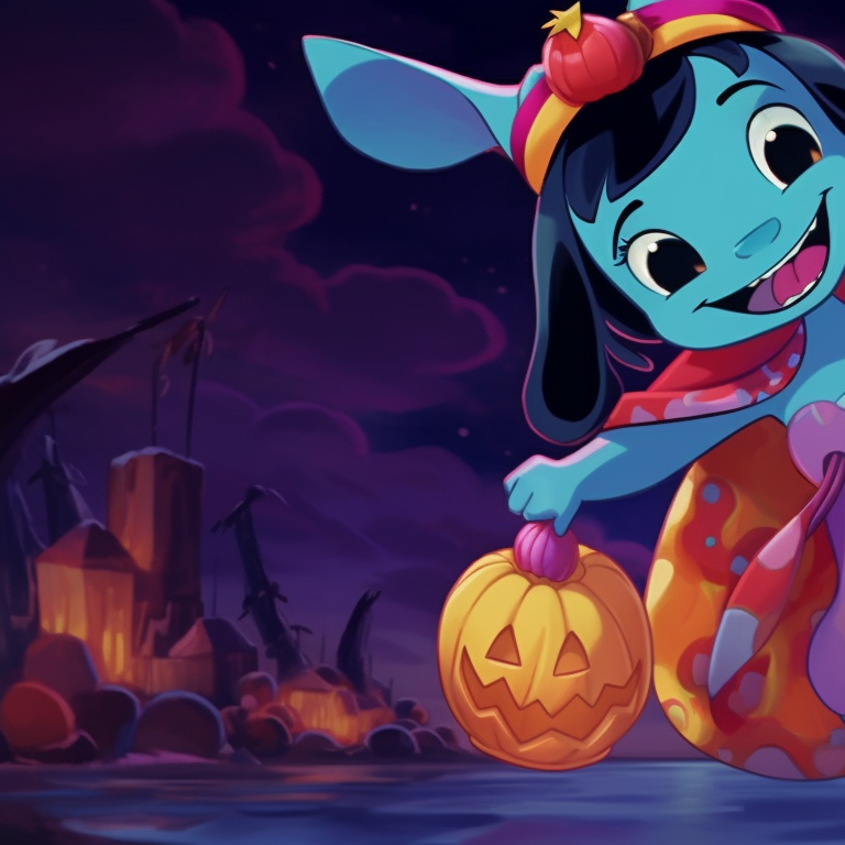 Stitch and Lilo, highlights and shadows falling on their pirate and wicked witch costumes, warm colors and soft lines. halloween-themed lilo and stitch matching profile pictures pfp for discord.