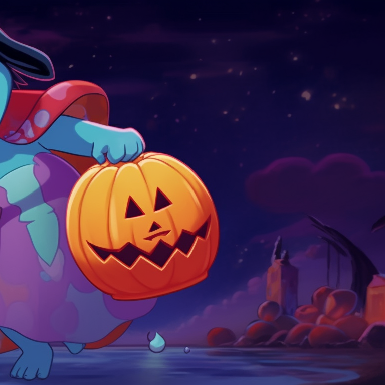 Stitch and Lilo, highlights and shadows falling on their pirate and wicked witch costumes, warm colors and soft lines. halloween-themed lilo and stitch matching profile pictures pfp for discord.