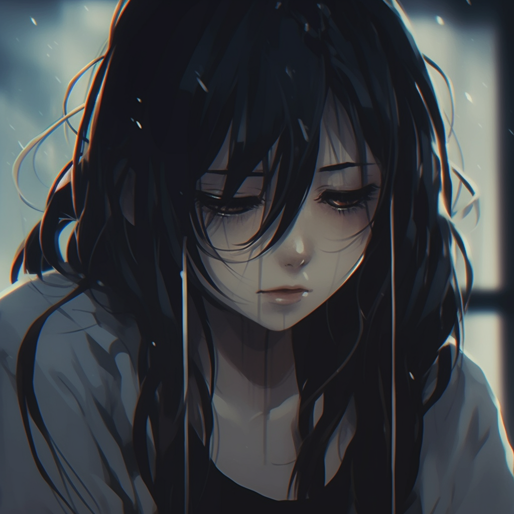 Depressed anime girl with the dark night as a background, radiant moonlight and detailed expression. aesthetics depressed anime girl pfp pfp for discord.