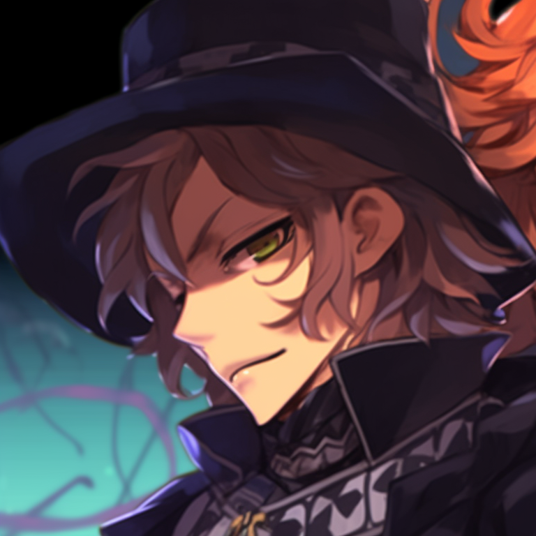 Two characters dressed in Halloween clothes, gradient background with high contrast, mirrored poses. soukoku matching pfp halloween theme pfp for discord.