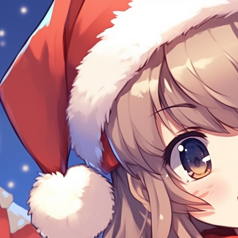Two characters under a mistletoe, expressive eyes and blushing cheeks, soft lighting. lovable matching christmas anime pfp boy and girl pfp for discord.