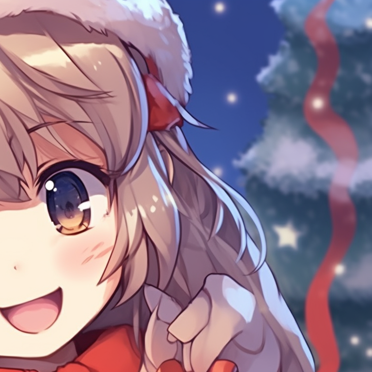 Two characters under a mistletoe, expressive eyes and blushing cheeks, soft lighting. lovable matching christmas anime pfp boy and girl pfp for discord.