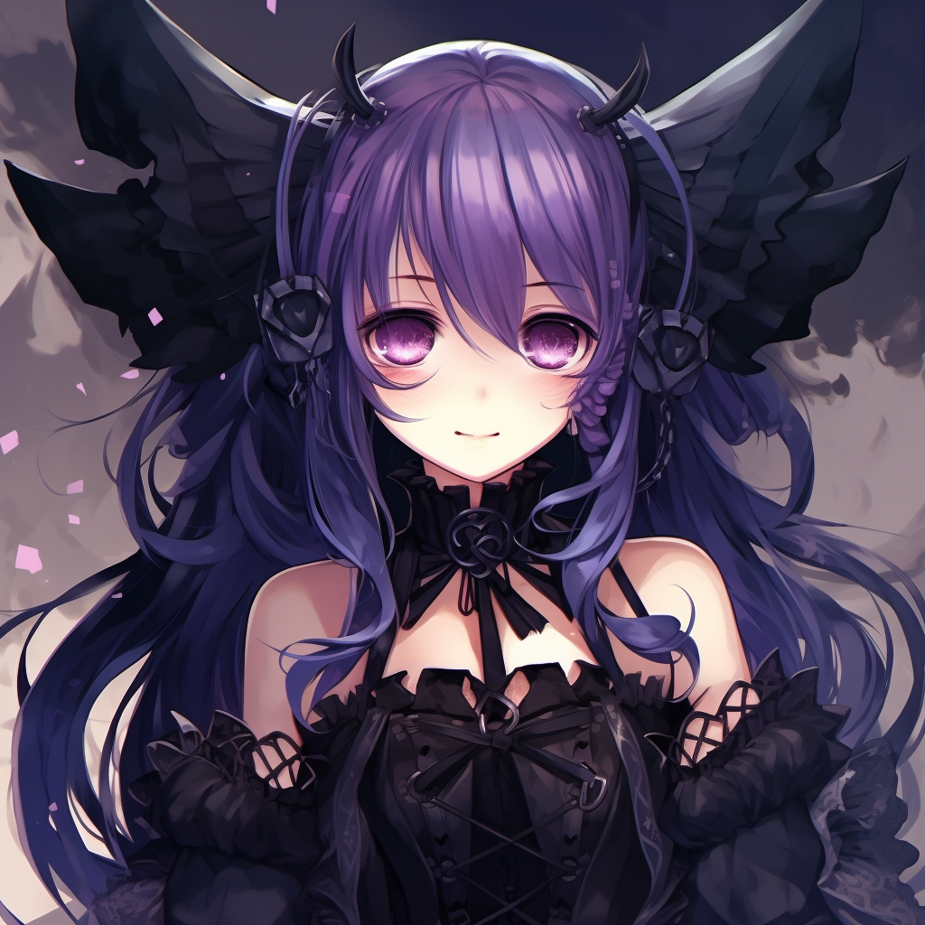 Anime girl adorned with bat wings, black and purple color scheme with pastel accents. adorable goth anime girl pfp pfp for discord.