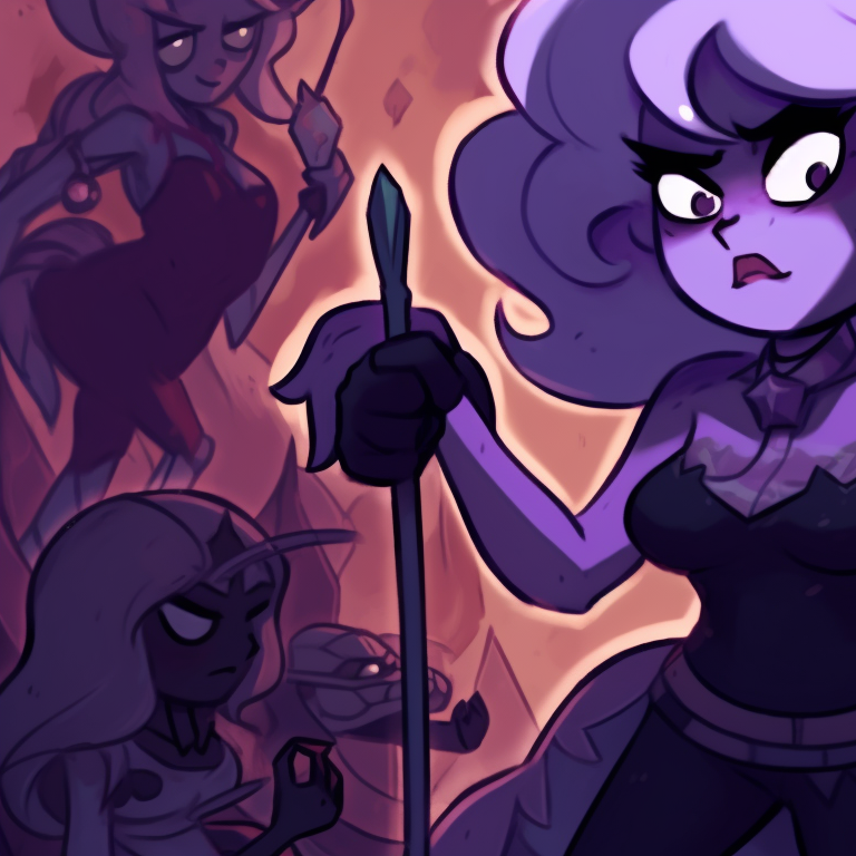 Amethyst surrounded by creepy figures, drawn in a darker art style which emphasis on her devilish punk rocker Halloween outfit. halloween themed steven universe profile pictures pfp for discord.