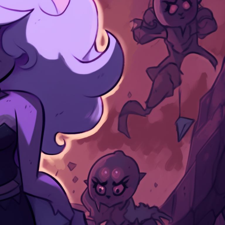 Amethyst surrounded by creepy figures, drawn in a darker art style which emphasis on her devilish punk rocker Halloween outfit. halloween themed steven universe profile pictures pfp for discord.