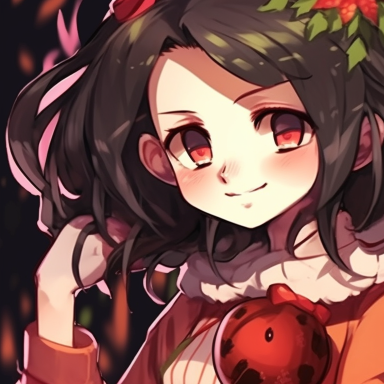 Two characters in matching Christmas outfits, strikingly contrast auras, detailed holiday motifs. matching christmas demon slayer pfp outfits pfp for discord.
