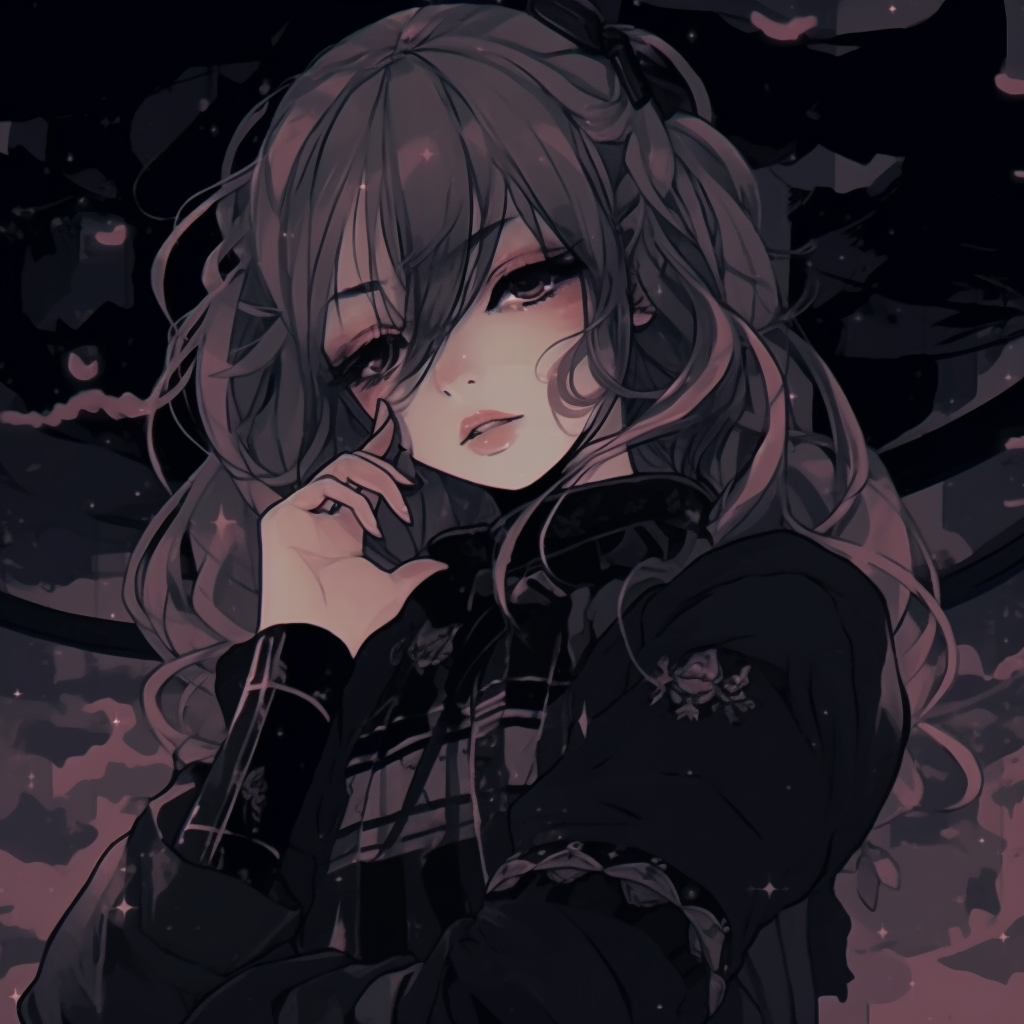 Portrait of a noirish anime girl, distinguished by her shadowy appearance and dark and muted color palette. dark aesthetic anime pfp girl illustrations