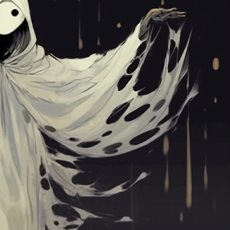 Two spectral characters, translucent and floating, with autumn leaves falling around them. history of ghost pfp for halloween pfp for discord.