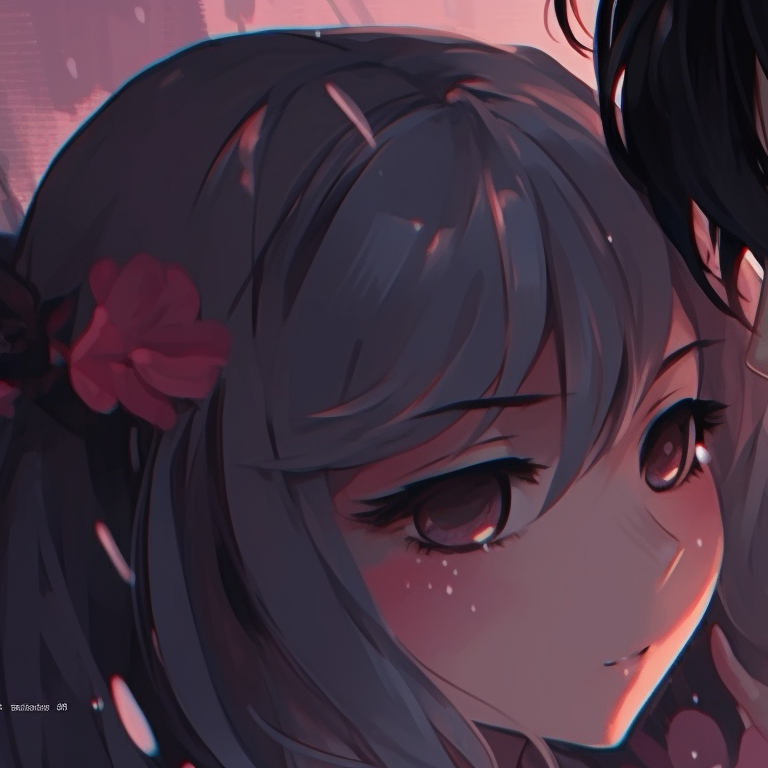 Two characters under sakura blossoms, rich, soft colors and shared intimate gaze. anime matching pfp couple art pfp for discord.