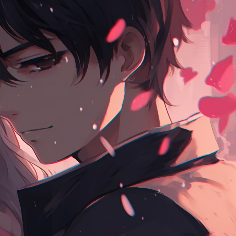 Two characters under sakura blossoms, rich, soft colors and shared intimate gaze. anime matching pfp couple art pfp for discord.