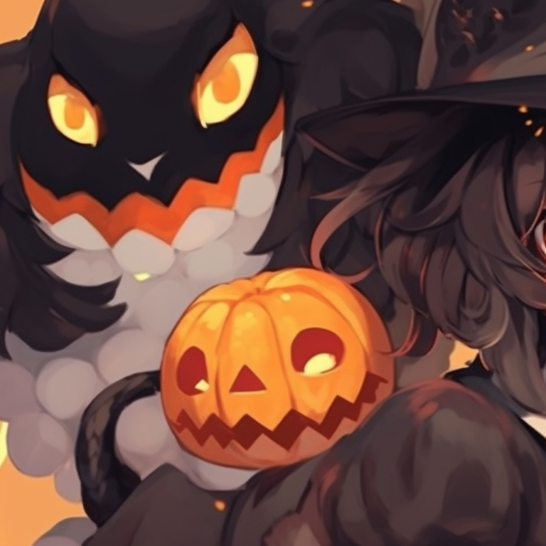 Two characters in matching monster costumes, pumpkin-head hats and striking orange-black colors. halloween couple matching pfp pfp for discord.