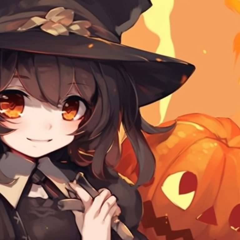 Two characters in matching monster costumes, pumpkin-head hats and striking orange-black colors. halloween couple matching pfp pfp for discord.