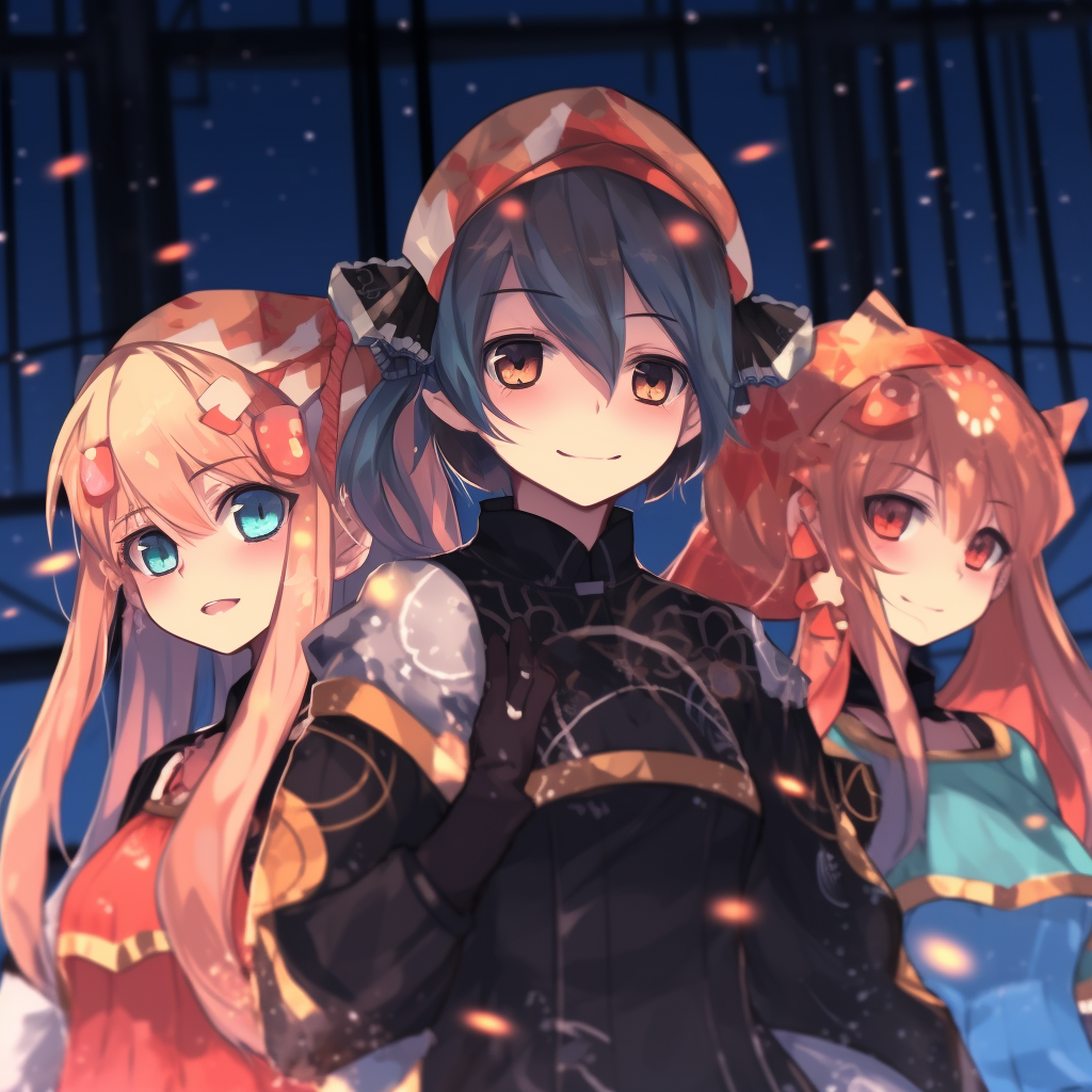Starlit anime girl group, fantasy elements and pronounced outlines. aesthetic anime trio pfp pfp for discord.