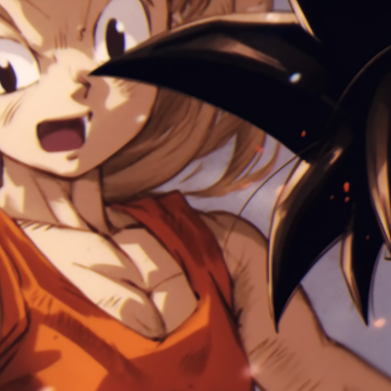 Goku and Chichi sharing a powerful moment, hand-in-hand, the art style incorporates bold colors and dynamic lines. goku vs chichi battles pfp for discord.