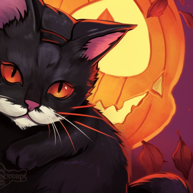 Two cat characters with flaming backgrounds and Jack'O Lanterns, vivid color tones and detailed lines. matching halloween theme cat pfp pfp for discord.
