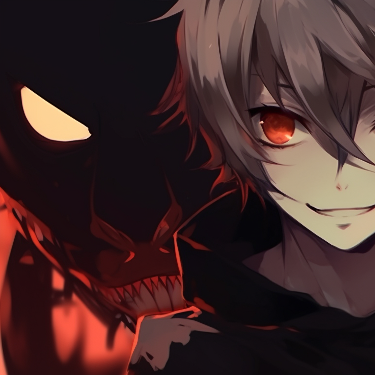 Two characters making mischievous poses, dynamic composition with a blue and black ominous night setting. spooky boys match pfp halloween night pfp for discord.