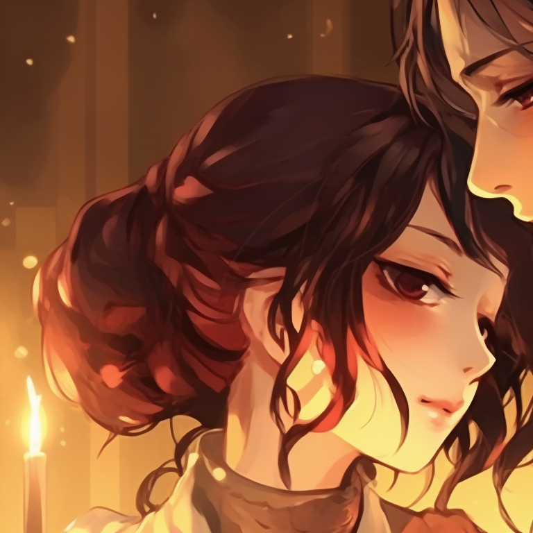 Two characters wearing pumpkin-inspired attire, bright orange colors, smiling at each other. anime theme matching couples pfp for halloween pfp for discord.