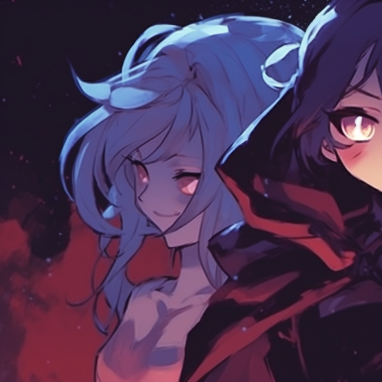 Three characters in a creaky old mansion, their matching Victorian-era costumes revealing an underlying creepiness. halloween pfp trio pfp for discord.