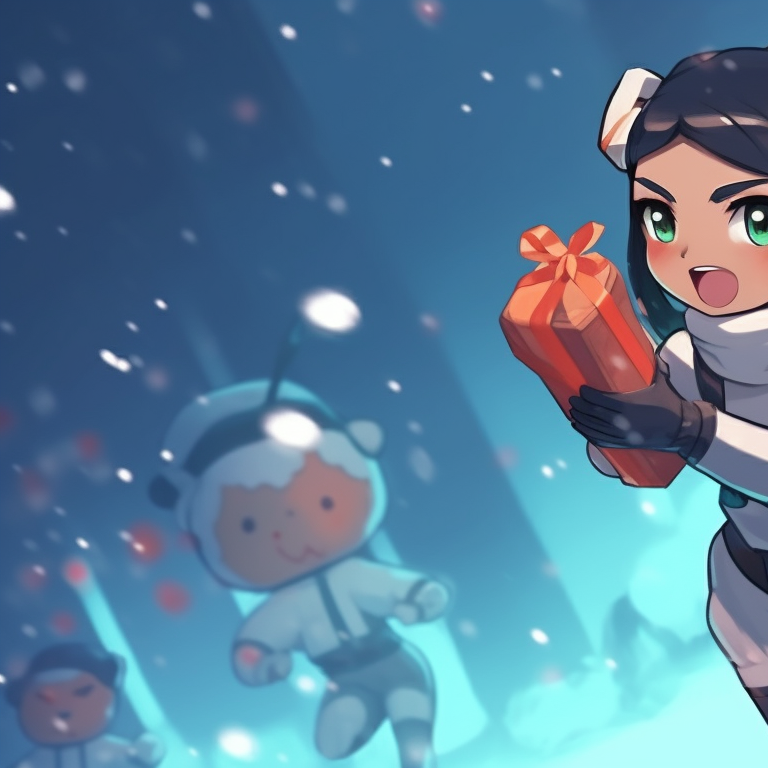 Two characters in cheerful Christmas outfits, warm and vivid colors, celebrating with joy. matching valorant christmas pfp skins pfp for discord.