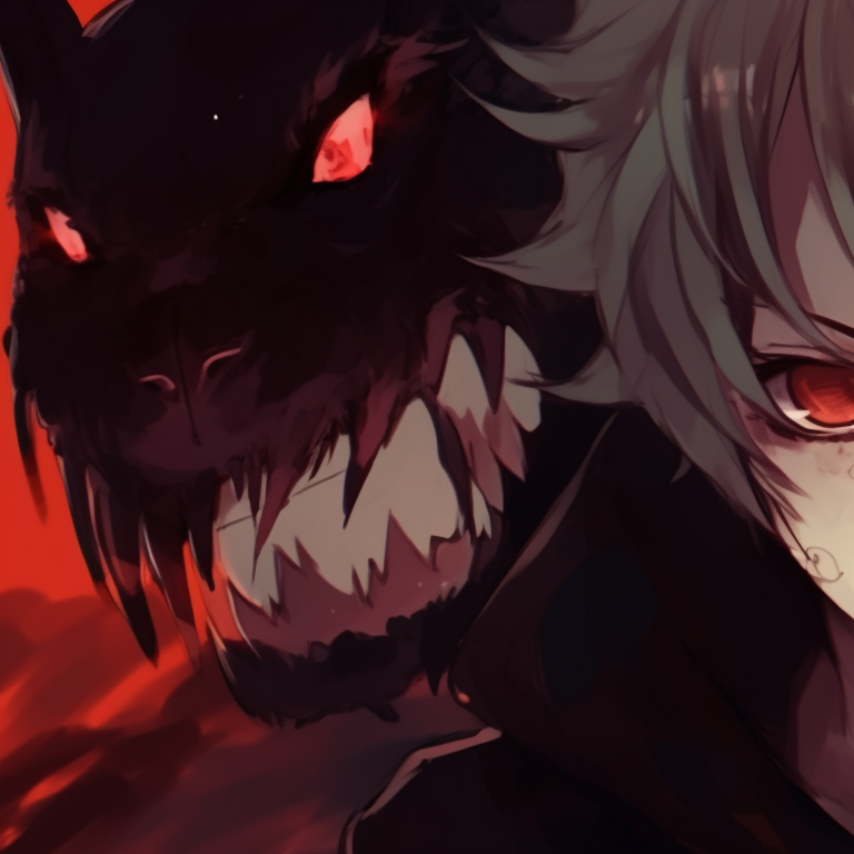 Two characters appearing as mirror images, chilling atmosphere with intense red and black color scheme. spooky boys match pfp halloween night pfp for discord.