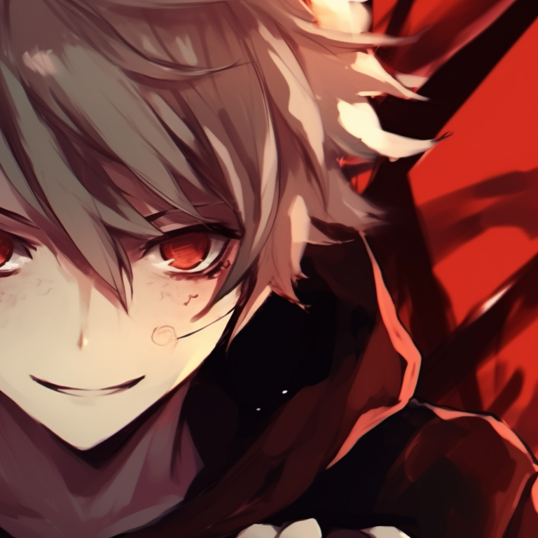 Two characters appearing as mirror images, chilling atmosphere with intense red and black color scheme. spooky boys match pfp halloween night pfp for discord.