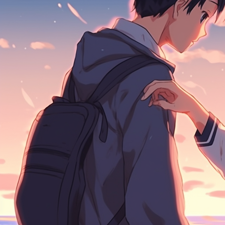 Two characters walking along the beach, warm sunset colors, casual summer wear. latest trends in matching anime pfp for best friends pfp for discord.