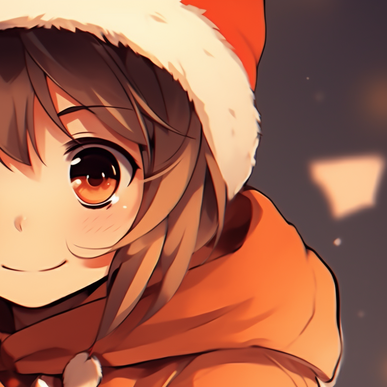 Close-up of two anime characters, their gazes meeting under the twinkle of Christmas lights, predominantly orange color palette. unique matching orange christmas pfp pfp for discord.