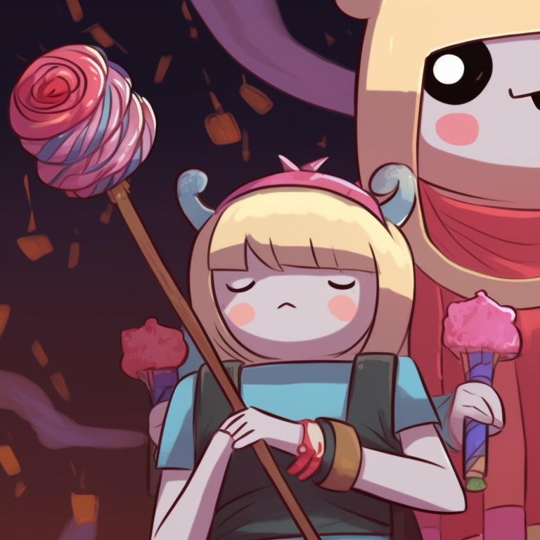 Finn and Princess Bubblegum in candy-themed outfits, bright hues and fine detail. adventure time pfp in halloween atmosphere pfp for discord.