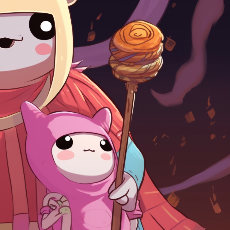 Finn and Princess Bubblegum in candy-themed outfits, bright hues and fine detail. adventure time pfp in halloween atmosphere pfp for discord.
