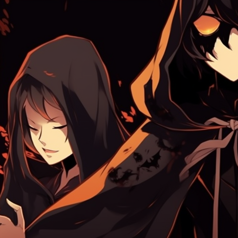 Five characters standing against a crescent moon backdrop, monochromatic palette and exaggerated silhouettes. perfect halloween matching pfp for group of 5 pfp for discord.